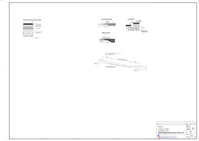 Tegning som viser detaljerte snitt og plan for en reiskollegbestemmelse (fortau) med oppgitt høyder og materialer.