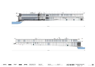 Fasadetegning som viser bygningens utseende fra nord og øst, inkludert detaljer om vinduer, dører og materialer.