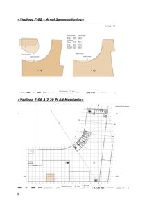 Bildet viser en side fra en byggesak som inneholder to tegninger. Øverst er det en arealsammenlikning (Vedlegg F-02) som viser romfordeling på 1. etasje og 2. etasje. Nederst er det en planmessig tegning (Vedlegg E-06) for et byggkvarter (Messianin). Begge tegningene viser romoppdeling og er klassifisert som etasjeplaner.