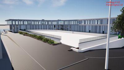 3D-visualisering av et parkeringshus med tilhørende bygning i bakgrunnen.