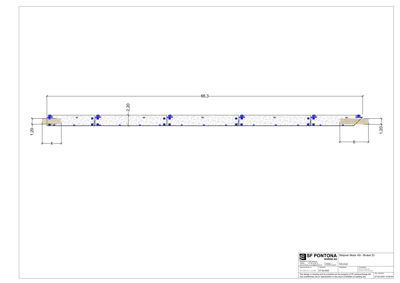 Tegning som viser detaljert oppriss av en betongkonstruksjon (sannsynligvis en balk eller plate) med angitte dimensjoner og armeringsforsterkning.