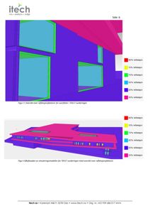 3D-visualiseringer (renderinger) av en bygning som viser refleksjonsfaktorer for overflater, brukt i en TEK17-vurdering.