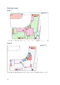 Bildet viser en side fra en tegningspakke med overskriften 'Plantegninger'. Det er to planer vist: 'PLAN 1' (etasjeplan) og 'PLAN M' (muligens etasjeplan for et annet nivå eller et teknisk plan). Begge planene viser romfordeling, vegger og arealer.