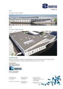 Bildet viser en 3D-visualisering (rendering) av en bygning sett fra sjøsiden, inkludert etasjeplan og takflate.