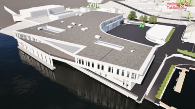 3D-visualisering av et bygg sett fra øverst (takperspektiv) med omgivelsene rundt.