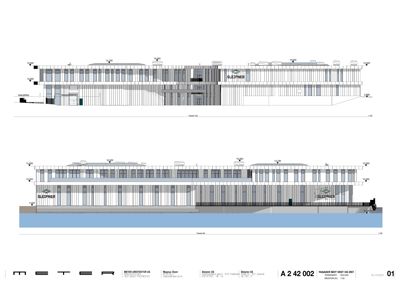 Fasadetegning som viser bygningens utseende fra vest og øst, inkludert detaljer om vinduer, materialer og høyder.