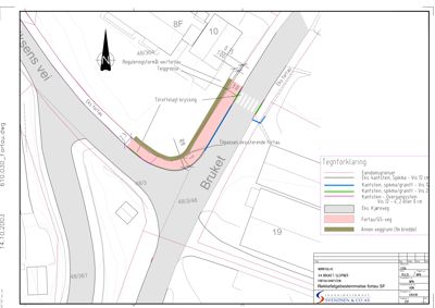 Situasjonsplan som viser eiendomsgranser, eksisterende og planlagt fortau, veier og kantstein langs 'Bruket' og 'Kvitsens vei'.