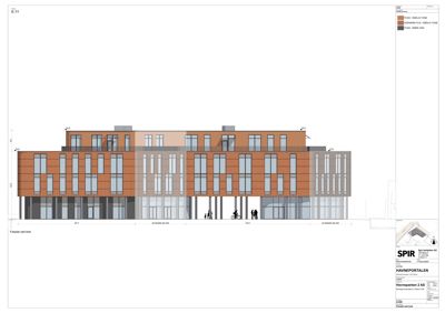 Fasadetegning av bygningen sett fra sørvest, som viser fasadefarger, vindusoppsett og dimensjoner.
