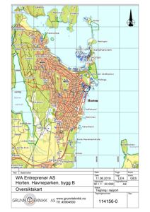 Oversiktskart over Horten kommune med fokus på Havneparken og bygning B, inkludert topografi, veier og nabolag.