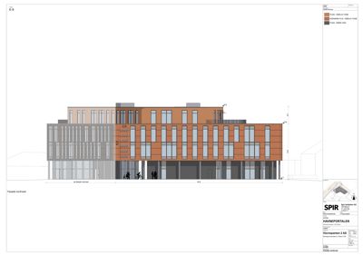 Fasadetegning (opprikk) av bygningen sett fra nordvest, som viser fasadefarger, vindusoppsett og bygningens volum.