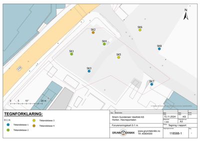 Forurensningskart (situasjonsplan) som viser forurensningspunkter (SK1-SK8) på en tomt med omgivende infrastruktur.