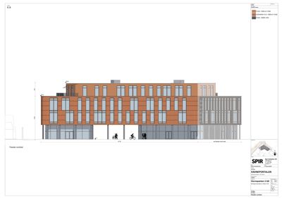 Fasadetegning (opprikk) av bygningen sett fra nordvest, med fargelegging for ulike fasadematerialer.