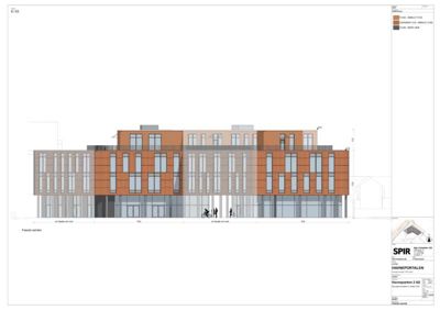 Fasadetegning (opprikk) av bygningen 'HÅVNEPORTALEN' sett fra sørvest, med fargelegging for ulike fasadematerialer.