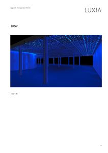 3D-visualisering av et lysinstallasjon (Lysportal) med blå belysning og mønster i taket.