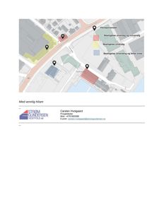 Kart som viser et område med bygninger, veier og markerte soner (f.eks. 'Besittelse utvendig', 'Vibrasjonsmåler').