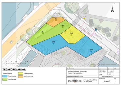 Situasjonsplan som viser en tomt delt opp i soner (SK1-SK8) med tilstandsclasser, omgivelser og infrastruktur.