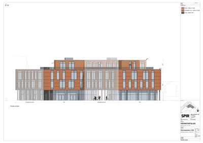 Fasadetegning (opprikk) av bygningen 'HÅVNEPORTALEN' sett fra sørvest, med fargelegging for ulike fasadematerialer.