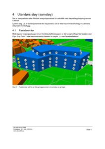 3D-visualisering (rendering) av en bygning med overlagte støyverdier (dB) på fasadene, illustrert i en rapport.