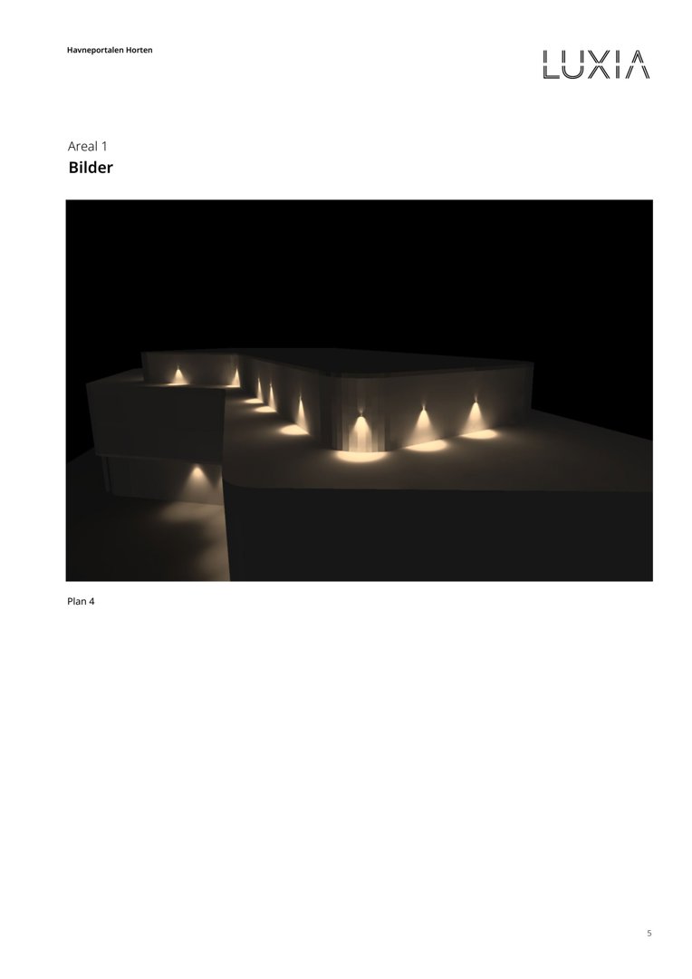 3D-visualisering av en bygning (Havneportalen Horten) med belysning, vist i et snitt.