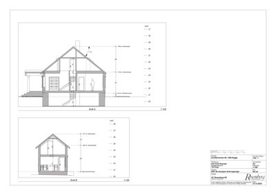 Tegning som viser tverrsnitt gjennom en bygning (Snitt A og Snitt B) med høydemål og romfordeling.