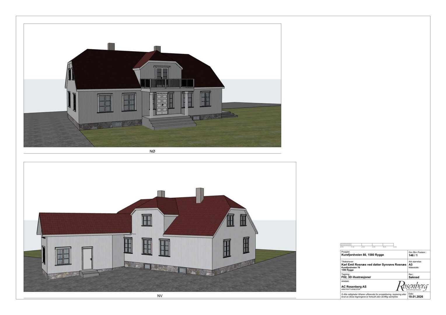 3D-visualisering av en bygning sett fra to vinkler (NØ og NV) med tegningsinformasjon i bunnen.
