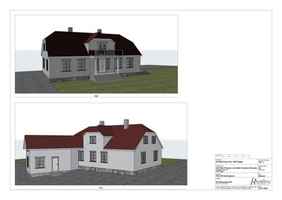 3D-visualisering av en bygning sett fra to vinkler (NØ og NV) med tegningsinformasjon i bunnen.