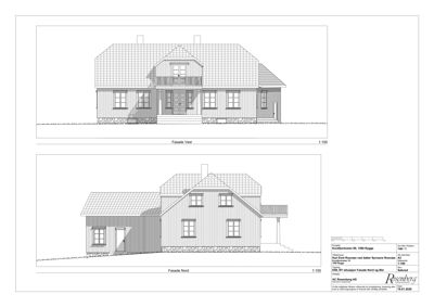 Tegning som viser fasadeopprikk for bygningen sett fra vest og nord.