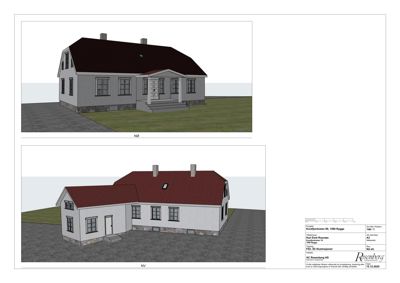 3D-visualisering av en villa sett fra nord (NØ) og nordvest (NV).