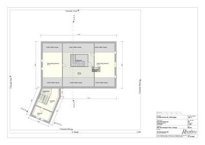 Etasjeplan (2. etasje) som viser romfordeling, dører, trapp og fasader.