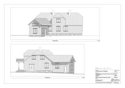 Tegning som viser fasadeopprikk (Fasade Øst og Fasade Sør) for en bygning.