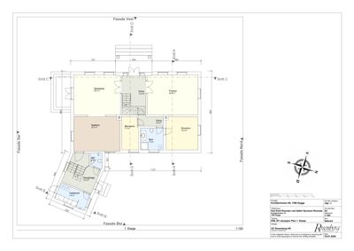 Etasjeplan (1. etasje) som viser romfordeling, dimensjoner og orientering for en bygning.