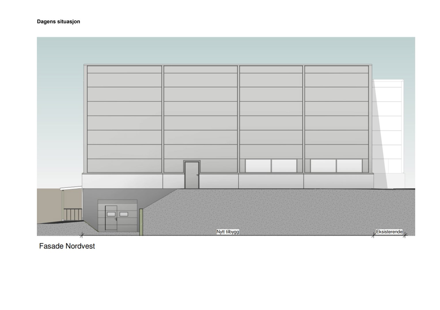Fasadetegning (Nordvest) som viser dagens situasjon med eksisterende og nytt tilbygg.