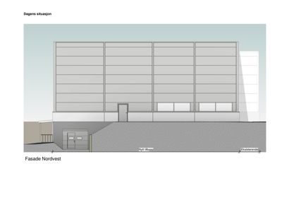 Fasadetegning (Nordvest) som viser dagens situasjon med eksisterende og nytt tilbygg.