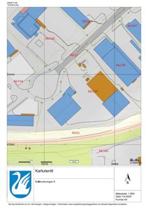 Kartutsnitt som viser eiendomsgrenser, bygninger, vegnett og topografi for Kallerudvingen 6.
