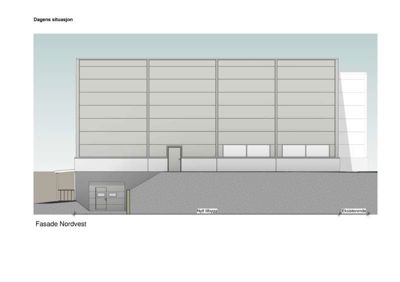 Fasadetegning (Nordvest) som viser dagens situasjon med eksisterende og nytt tilbygg.