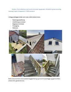 Et sammensatt bilde (collage) som viser ulike faser av utvendige byggearbeider, inkludert terrassebygging, vindusutskifting og flislegging.