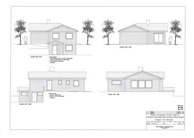 Fasadetegning som viser bygningens utseende fra fire ulike vinkler (N, S, V, O) med detaljer om vinduer, dører og takform.