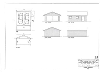 Bildet viser en tegning med fire fasadeopprikk (mot nord, øst, sør og vest) samt en plan og et snitt av en garasje.