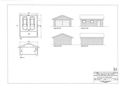 Tegning som viser fasader (Sør, Vest, Nord, Øst) og et snitt (A-A) av en garasje.