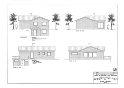 Fasadetegning som viser bygningens utsyn mot øst, vest, nord og sør.