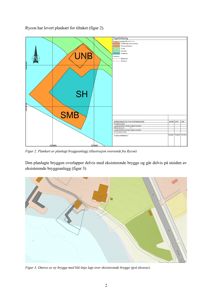 Bildet viser en situasjonsplan (tomteplan) som illustrerer plasseringen av en planlagt brygge (blå linje) i forhold til eksisterende bygninger (grå skravur) og vann. Det inneholder også en egenlegende (Egenlegende) som forklarer fargekodingen for ulike soner (f.eks. UNB, SH, SMB).