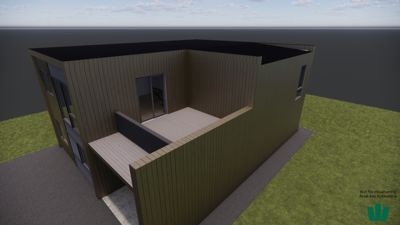 3D-visualisering av en husfasade med terrasse og vinduer