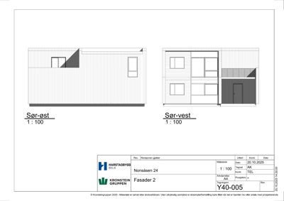Fasadetegning som viser bygningens utseende sett fra sør-øst og sør-vest.