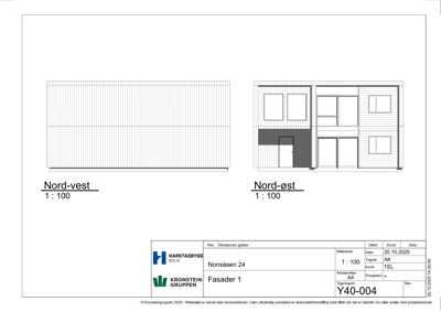 Fasadetegning som viser bygningens utsyn mot nord-øst og nord-vest.