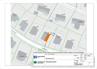 Situasjonsplan som viser tomtens plassering i forhold til nabolag, veier (Nonsåsen) og eiendomsgrenser.