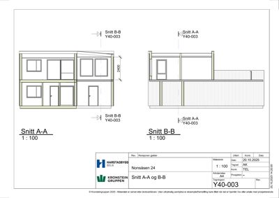 Snittegning (Snitt A-A og B-B) som viser tverrsnittet av en bygning med vinduer og konstruksjonsdetaljer.