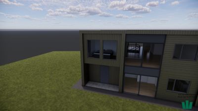 3D-visualisering av en moderne bygning sett fra siden, med grønt gress og en skyet himmel.