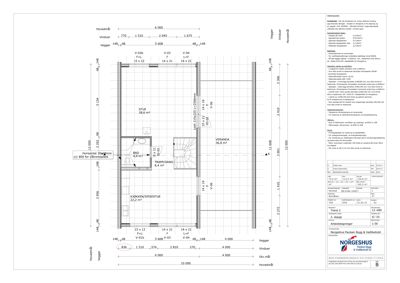 Etasjeplan for et hus med romfordeling, mål og tekniske detaljer.