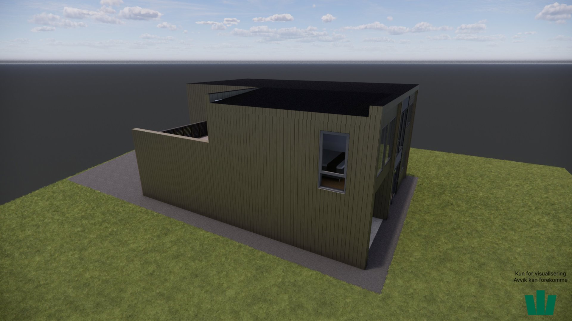 3D-visualisering av en planlagt bygning sett fra en vinkel som viser fasade og deler av taket.