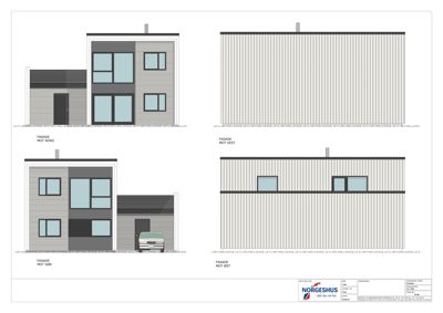 Fasadetegning som viser bygningens utseende fra fire sider: Nord, Vest, Sør og Øst.